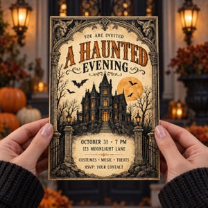 Könnte beinhalten: Eine rechteckige Einladungskarte im Vintage-Stil mit einem Spukschloss, Fledermäusen und einem Vollmond. Der Text lautet: YOU ARE INVITED A HAUNTED EVENING, OCTOBER 31, 7 PM, 123 MOONLIGHT LANE, COSTUMES, MUSIC, TREATS, RSVP: YOUR CONTACT.