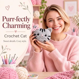 May include: A gray crocheted cat plush with black embroidered stripes, black safety eyes, a pink nose, and a small pink bow on its ear. The text on the image reads Purr-fectly Charming Crochet Cat Sweet details. Cozy style.