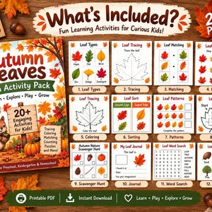 Op de afbeelding: Een herfstbladeren-activiteitenpakket met een omslag met een eekhoorn, pompoen en herfstbladeren. De set bevat meer dan 20 pagina's met printbare leeractiviteiten zoals bladsoorten, overtrekken, matchen, tellen, sorteren, patronen, doolhoven en woordzoekers.