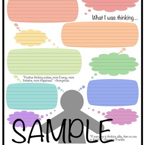 Puede incluir: Una hoja de trabajo imprimible con una figura de palo gris en el centro. La figura de palo tiene burbujas de pensamiento con l&iacute;neas para escribir. La hoja de trabajo tiene el texto "## Thoughts" y "##" en la parte superior. La hoja de trabajo tambi&eacute;n tiene el texto "What I was thinking..." y "'If everyone is thinking alike, then no one is thinking' -Benjamin Franklin" en la parte inferior.