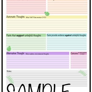 May include: A printable worksheet with a light pink, light orange, light yellow, light green, and light blue background. The worksheet is titled "CBT Thought Record" and includes sections for "Situation", "Automatic Thoughts", "Facts that support unhelpful thoughts", "Alternative Thought", "Outcome", "Feelings", and "Facts provide evidence against unhelpful thoughts".