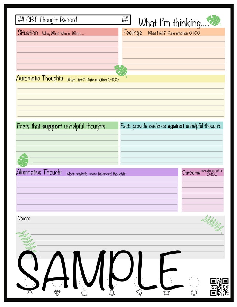 Puede incluir: Una hoja de trabajo imprimible con un fondo rosa claro, naranja claro, amarillo claro, verde claro y azul claro. La hoja de trabajo se titula "CBT Thought Record" e incluye secciones para "Situaci&oacute;n", "Pensamientos autom&aacute;ticos", "Hechos que apoyan los pensamientos in&uacute;tiles", "Pensamiento alternativo", "Resultado", "Sentimientos" y "Hechos que proporcionan evidencia contra los pensamientos in&uacute;tiles".
