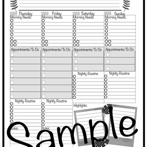 May include: A black and white printable planner page with a weekly schedule layout. The page includes sections for gratitude, morning needs, appointments, nightly routine, highlights, and notes. The page is labeled "Week of" and "Pg 2".
