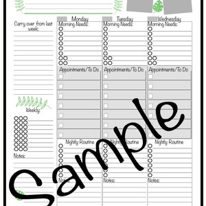 May include: A printable weekly planner with sections for Monday, Tuesday, and Wednesday. Each day has sections for morning needs, appointments, and nightly routine. There are also sections for weekly tasks and notes.