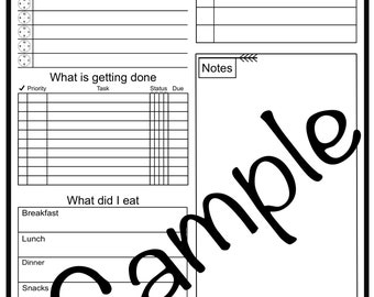 May include: A black and white printable daily planner with sections for "What is happening today", "Habits", "What is getting done", "Notes", "What did I eat", and "Water".