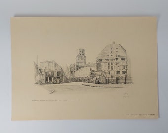 Kunstblatt " Hamburg - Altstadt mit Zollenbrücke, Grimm und Katharinenkirche " aus der Kunstmappe " Hamburg im Jahre 1945 "