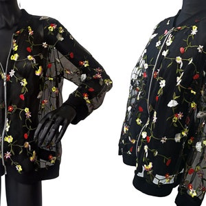 Black Floral Embroidery Sheer Jumper | embroidered roses red green light full zip fishnet mesh blouse women's zipped transparent jumper