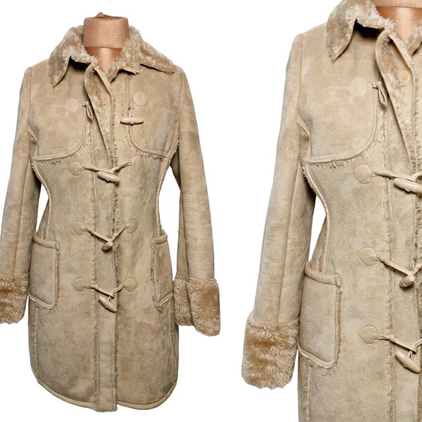 Manteau d’hiver beige clair classique | manteau parka midi en peau de mouton et fausse fourrure à grandes poches Cadeau Femme