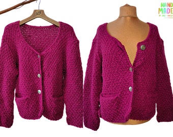 Hippie Hand Knitted Magenta Cardigan | purple dark pink oversized boho handmade crochet buttoned up cardigan sweater