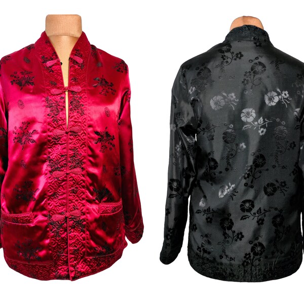 Chaqueta gráfica asiática reversible negra frambuesa / patrón floral burdeos rojo botón mandarín asiático chino hasta chaqueta de traje Tangzhuang Tang