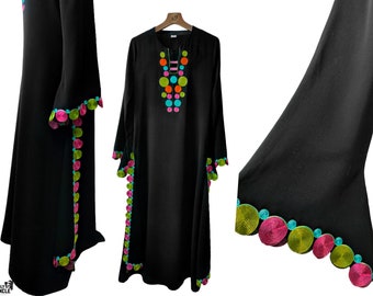 Hippie Psychedelic Trumpet Sleeve Dress | arabic folk vintage 70's spring ethnical folk boho abstract longline maxi long sleeve black dress