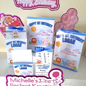 Blue Safari Party Pack: Personalised Invites / Loot Bags /Chip Bags / Favour Box