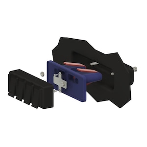 May include: An exploded view of a mechanical component, featuring a black, angular base with a blue and red central piece. A separate black component with vertical ridges is also present, along with a small, silver-colored fastener.