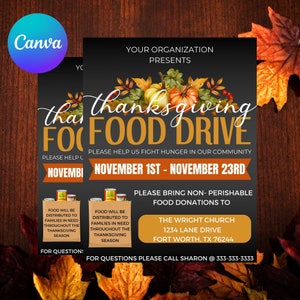 Editable Thanksgiving Food Drive Flyer, Food Drive Flyer, Event Flyer, Canva Template