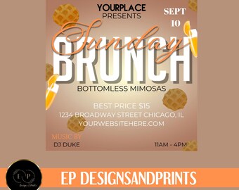 May include: A promotional graphic for a Sunday Brunch event. The design features the words "Sunday Brunch" in large white letters with orange accents, along with waffle and mimosa illustrations. The event includes bottomless mimosas.
