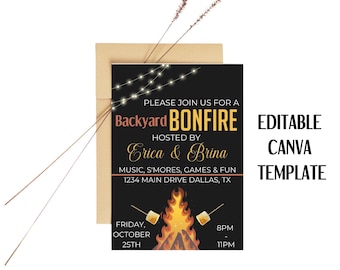 Bonfire Invitations, Backyard Bonfire Template, Backyard Bonfire Party, Canva Template, Birthday Invitation