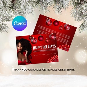 May include: Red and white holiday thank you card with a woman in a red dress and a festive message that reads "Happy Holidays". The card features a website address and the text "Thank you for your continued support".