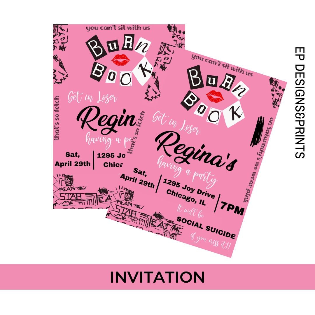 Means Girl Inspired Invitation Burn Book Invitation Digital and Means Girl Inspired Invitation Burn Book Invitation Digital and