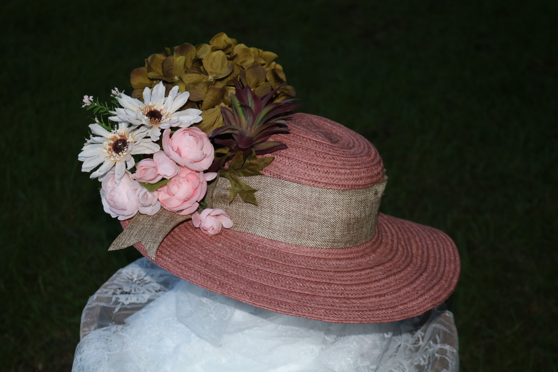 Extravagant Hats! Rose Straw Hat With Flowers in Pink 