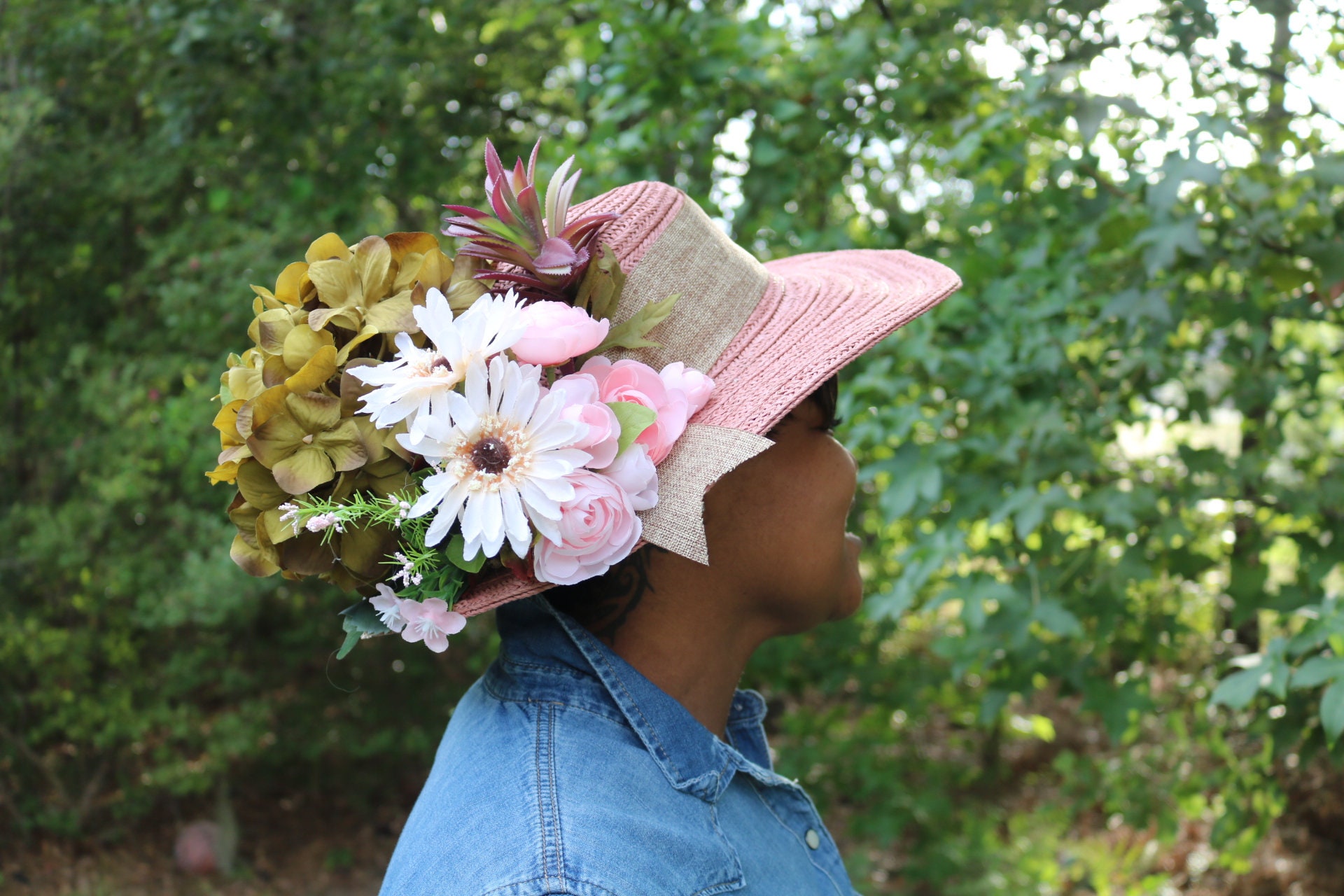 Grevi Straw Sun Hat with Pink Floral Accent Extravagant Hats! Rose Straw Hat With Flowers in Pink  main image 4