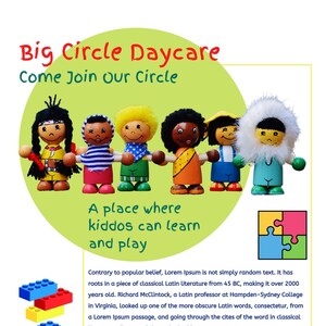Promotional flyer for daycare center editable in Canva, Marketing flyer for child care services customizable for your business