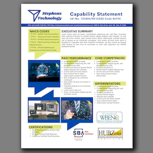 Può includere: Una dichiarazione di capacità gialla e blu per Stephens Technology. Il documento include un logo aziendale, un elenco di codici NAICS, un riepilogo esecutivo, le prestazioni passate, le competenze chiave, i differenziatori, le certificazioni e le informazioni di contatto. Il documento include anche un logo per la Small Business Administration (SBA), il Women's Business Enterprise National Council (WBENC) e il programma HUBZone.