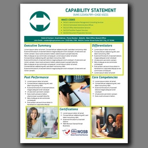 This is a capability statement template that is editable in Canva for businesses interested in government contracting. This template features an admin management business but can be modified for any industry.