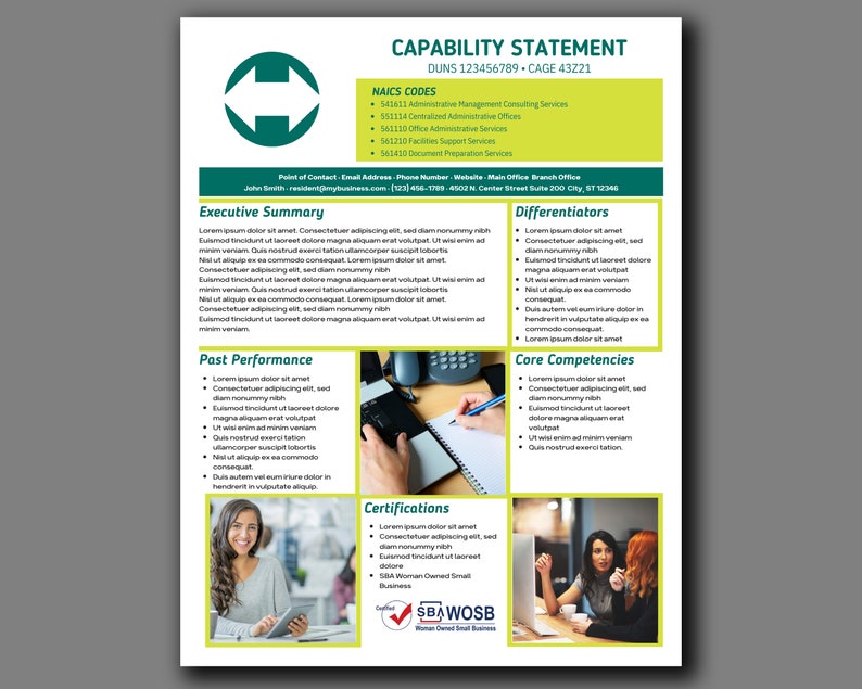 This is a capability statement template that is editable in Canva for businesses interested in government contracting. This template features an admin management business but can be modified for any industry.