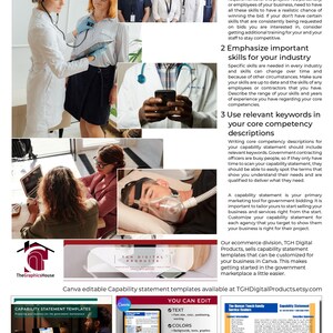 May include: A collage of images showing tips for creating a capability statement for government contracting. The images include a group of medical professionals, a person using a smartphone, a person sleeping with a CPAP machine, and a person working on a laptop. The text on the image reads "What is essential in your capability statement for government contracting? What are the core competencies of your business?" and includes tips such as "Do you or your staff have all the skills needed for the contract?" and "Emphasize important skills for your industry".