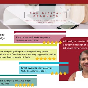 May include: A collage of customer reviews for digital marketing products. The reviews highlight the quality of the products and the excellent customer service provided. The text includes quotes like "Easy to use and looks very nice." and "Great layout & very colorful."