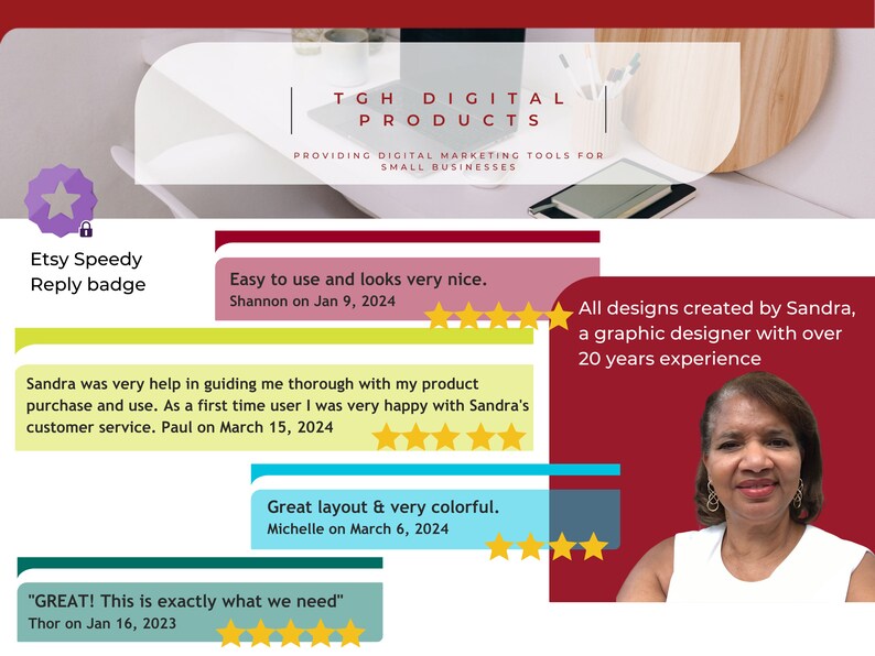 May include: A collage of customer reviews for digital marketing products. The reviews highlight the quality of the products and the excellent customer service provided. The text includes quotes like "Easy to use and looks very nice." and "Great layout & very colorful."