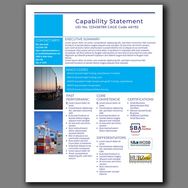 Canva editable capability statement template for government marketing, Logistics industry promotional flyer for government marketing