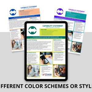 The capability statement template has different color schemes available or the colors can be changed in Canva.