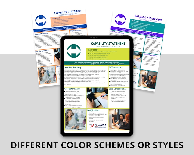 The capability statement template has different color schemes available or the colors can be changed in Canva.