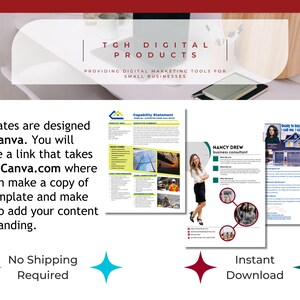 May include: A digital marketing product for small businesses. The image shows three Canva templates with the text "Capability Statement", "NANCY DREW business consultant", and "Ready to buy or sell a house? Call me, I can help!" The text "Templates are designed with Canva. You will receive a link that takes you to Canva.com where you can make a copy of the template and make edits to add your content and branding." is also visible. The text "No Shipping Required" and "Instant Download" is also visible.
