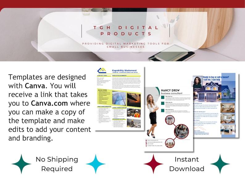 May include: A digital marketing product for small businesses. The image shows three Canva templates with the text "Capability Statement", "NANCY DREW business consultant", and "Ready to buy or sell a house? Call me, I can help!" The text "Templates are designed with Canva. You will receive a link that takes you to Canva.com where you can make a copy of the template and make edits to add your content and branding." is also visible. The text "No Shipping Required" and "Instant Download" is also visible.