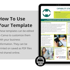 Once your capability statement template has been modified in Canva you can save it as a PDF file and email or print it.