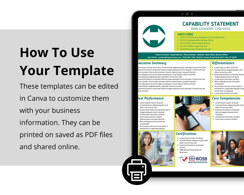 Once your capability statement template has been modified in Canva you can save it as a PDF file and email or print it.