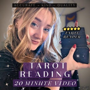 May include: A deck of black tarot cards with white star designs held in a hand. Text overlays read ACCURATE - KIND - QUALITY, TAROT READER with five yellow stars, TAROT READING, and 20 MINUTE VIDEO. The cards feature a celestial star pattern.