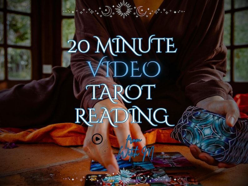 May include: A 20 minute video tarot reading service featuring a person in a brown robe holding a deck of cards with blue and black patterned backs, with several tarot cards laid out on a surface and text reading 20 MINUTE VIDEO TAROT READING.