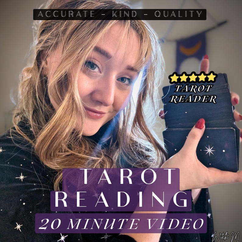 May include: A deck of black tarot cards with white star designs held in a hand. Text overlays read ACCURATE - KIND - QUALITY, TAROT READER with five yellow stars, TAROT READING, and 20 MINUTE VIDEO. The cards feature a celestial star pattern.