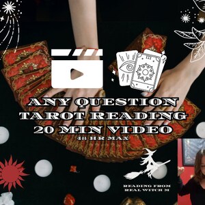 May include: A fan of red and gold tarot cards with text reading ANY QUESTION TAROT READING 20 MIN VIDEO 48 HR MAX and READING FROM REAL WITCH M. The image includes white line art of tarot cards, a sun, and a witch on a broomstick on a black background.