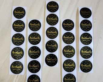 Black Gold Tone Handmade With Love Stickers 1 inch 100 Stickers