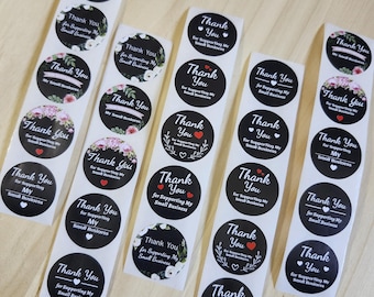 Black Floral Thank You Stickers for Small Business – 1 Inch Round (100 stickers)