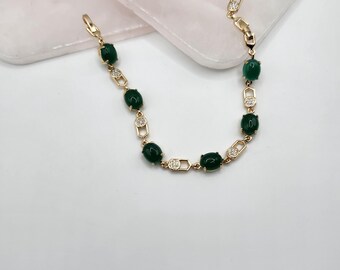 Gold Laminated Green Emerald Color Bracelet 8 inch