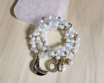 Gold Plated Beaded Handmade Bracelets Set of 3 White Elegant Bracelets
