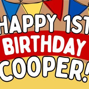 Puede incluir: Una pancarta de cumplea&ntilde;os con el texto "HAPPY 1ST BIRTHDAY COOPER!". Presenta personajes de Mickey Mouse con gorros de fiesta, pantalones cortos rojos y zapatos amarillos. El fondo incluye globos de colores y banderines, celebrando un primer cumplea&ntilde;os.