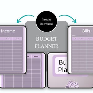 May include: A digital budget planner with a light purple and white design. The planner includes sections for income, bills, and balance, with the text "Budget Planner" and "Instant Download".