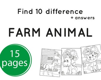 15 Zoek de verschillen - Boerderijdier, afdrukbaar voor kinderen, creatief boek afdrukbaar, spel voor kinderen