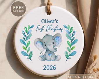 Personalisierte Baby's erste Weihnachten Ornament 2026, Baby Junge 1.Weihnachten, Benutzerdefinierte Baby Boy Elefant Ornament, Geschenk für Enkel-Neugeborene Geschenk